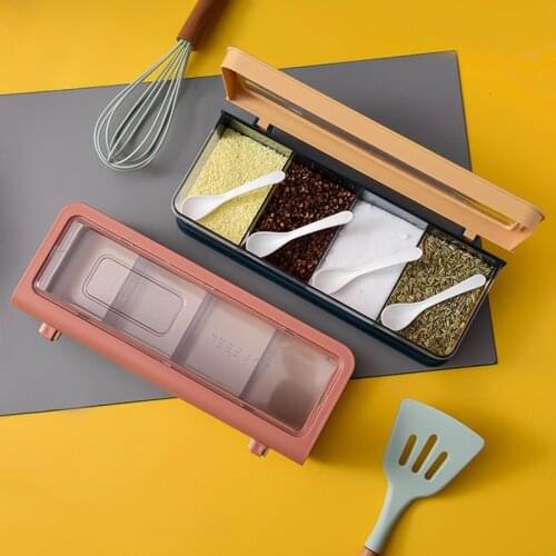 New Nordic Style Quarter Grid Seasoning Box Kitchen With Spoon Seasoning Jar Set Hollow Drain Chopsticks Storage Box