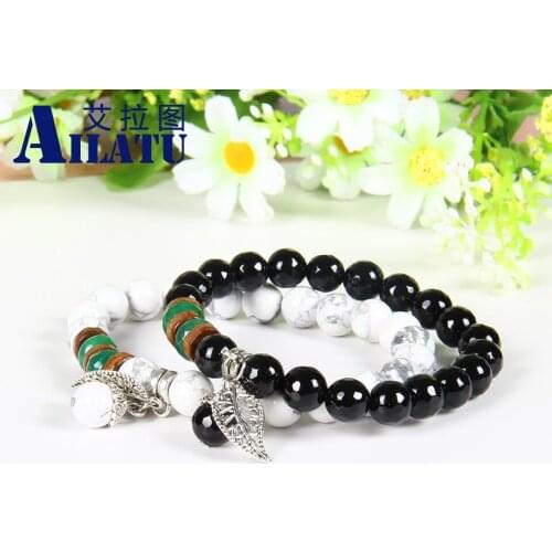 Ailatu Unisex Couples Jewelry Wholesale 10pcs/lot 8mm Faceted Black Onyx & White Howlite Marble Stone Lucky Bracelets