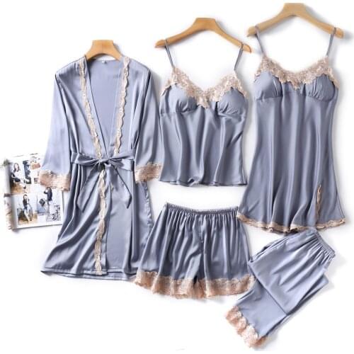 Gray 5PCS Female Faux Silk Pajamas Suit V-Neck Strap Top&Pant Sleepwear Casual Spring Autumn Nightwear Lace Trim Loose Bathrobe