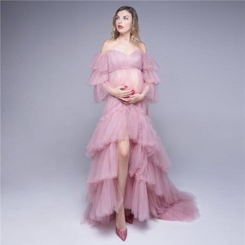 Custom Pink Formal Long Women V Neck Full Sleeves Ruched Organza Evening Dresses Maternity Gowns Party
