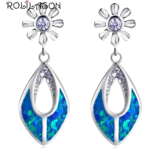 ROLILASON Silver Stamped Drop Earring white crystal Blue Fire Opal beautiful Flower Design Exquisite gift Fashion Jewelry OE711