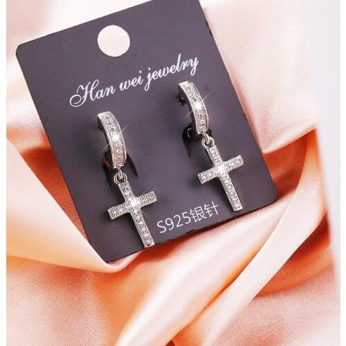 JUWANG Vintage Luxury Silver Color Hoop Earrings For Women Cubic Zirconia Brincos Cruz Cross Dangle Earrings Jewelry Pendientes