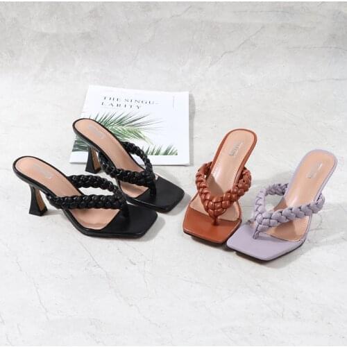 Summer Woman Pumps Fashion Weave Women Flip Flop Thin Heels Square Toe Office Lady Slippers Female Slides Women Luxury Sandals