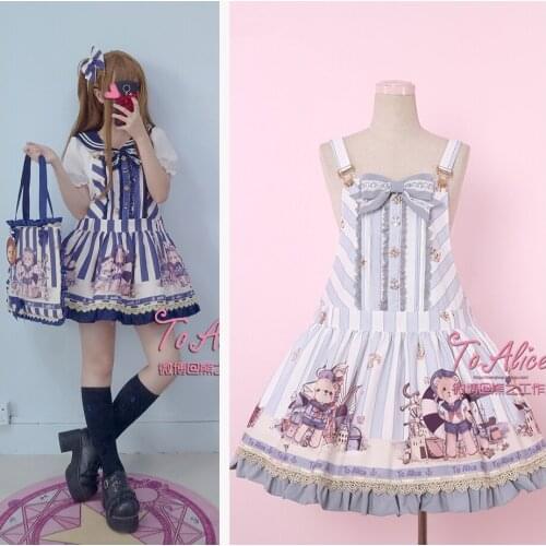 Navy Bear Cute Womens Lolita JSK Suspender Dress Summer Sleeveless Dress Cute Big Bow One Piece Sailor Deep Blue & Light Blue