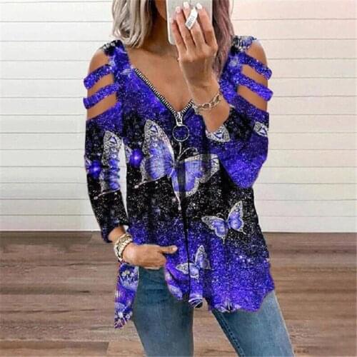 3D Digital Printing Long Sleeve T shirt Summer New Womens Butterfly Printed Casual T-shirts Hollow Out Sleeved Zipper V-Neck Top