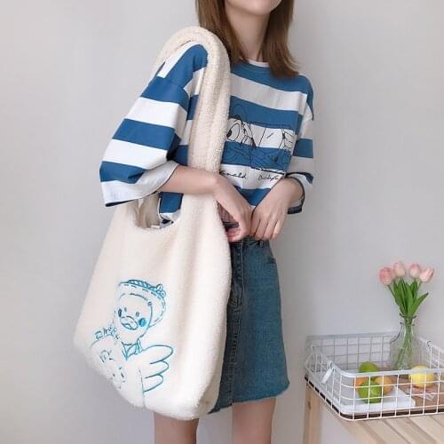 Women Lamb Like Fabric Shoulder Bag Simple Canvas Handbag Tote Large Capacity Embroidery Shopping Bag Cute Book Bags For Girls