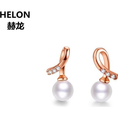 Solid 14k Rose Gold Women Stud Earrings 4.5mm Freshwater Pearl SI/H Natural Diamonds Fine Jewelry