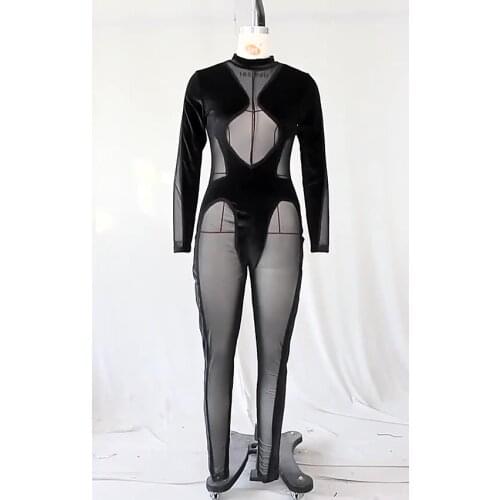 Ready to Ship Sexy Jumpsuits Club Wear 2021 Mesh Patchwork See Through Long Sleeve Women Black Bodycon Jumpsuit