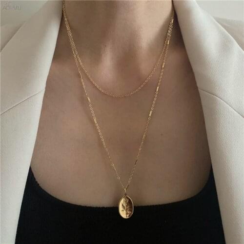 AOMU New Design Geometric Long Necklace with Oval Rose Flower Pendant Metal Necklace For Women Chic Jewelry