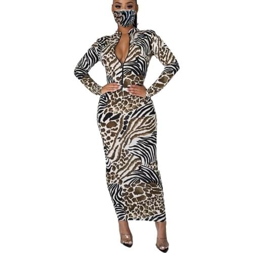 2021 Spring Zebra Stripes Printed Dresses Bohemian Leopard Long-Sleeved Dress Womens Sexy Slim Fit A-Line Bag Hip Dress Street