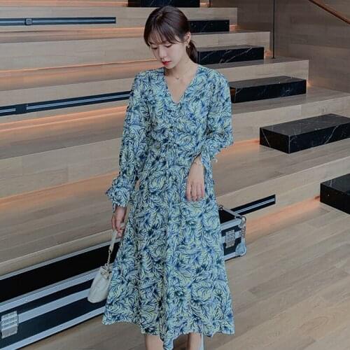 Long Sleeve Chiffon Floral Dress Women Autumn Winter 2020 Runway Korean Elegant Long Dress Boho Vinateg Vacation Party Dresses