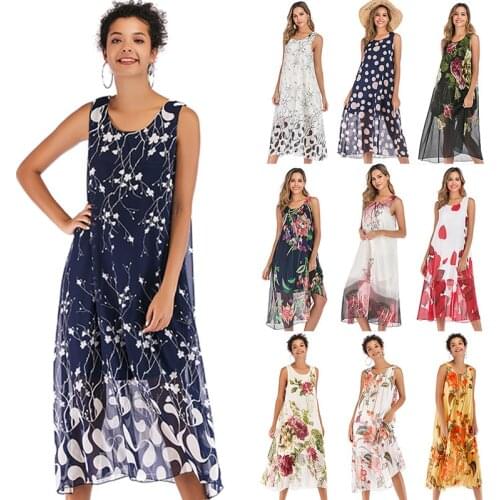 2021Summer New Womens Dress Chiffon Floral Sling O-Neck Woman Dress Large Size Loose Print Fashion Dresses Women