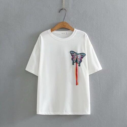 Plus size blouses tunics shirts 2021 cotton white black orange O-Neck butterfly appliques short sleeve summer Womens t-shirts