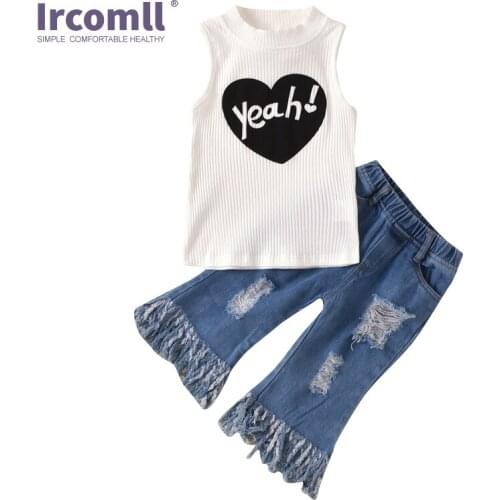 Ircomll 2-7Y 2pcs Children Clothes for Girl Clothing Sets Sleeveless T-shit + Ripped Jeans Denim Summer Girl Costume Outfits