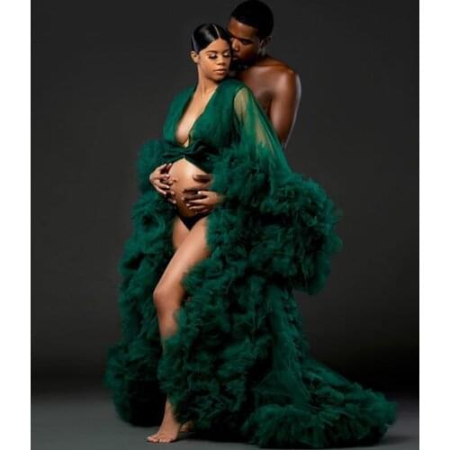Emerald Green Ruffles Tulle Formal Evening Dress Long Sleeve See Through Sexy African Pregnant Women Cape Maternity Evening Gown