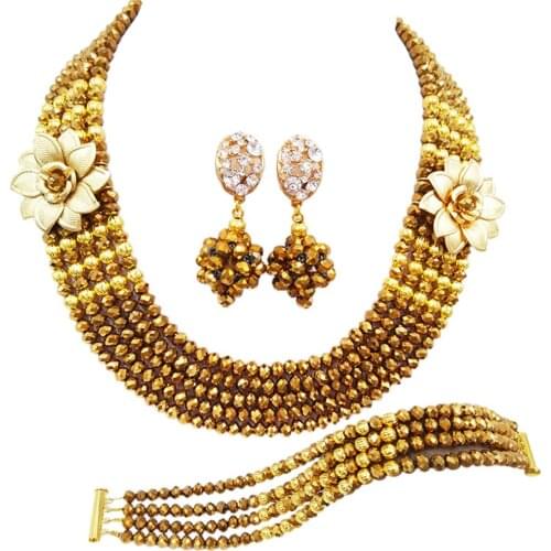 Flash gold plated crystal bead african wedding necklace nigerian beads jewelry set 5C-SXH-05
