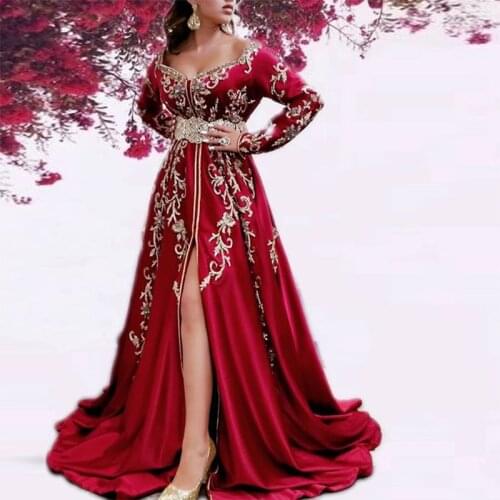 Red High Slit Dubai Evening Dress Off Shoulder Applique Moroccan Kaftan Muslim Prom Dress Special Occasion Party Gown Custom