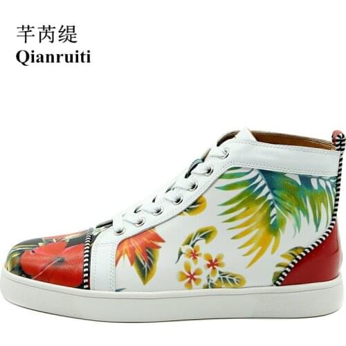 Qianruiti Brand High Top Men Vulcanize Shoe Flower Printing Sneakers Trending Espadrilles Platform Lace-up Men Casual Shoes