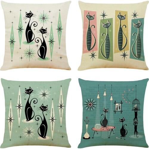 Cute Cat Print Cushion Cover Decorative Pillows Fashion Seat Cushions Home Decor Soft Flax Throw Pillow Sofa Pillowcase