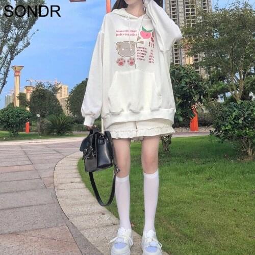 Kawaii Sweet Girl Harajuku Sweatshirt Women 2020 New Autumn Loose Cute Rabbit Ears Hoodie Japanese Soft Girl Print Pullover Top