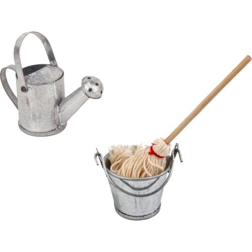 Dollhouse Miniature Floor Mop Bucket & Watering Can Cleaning Up Accessories