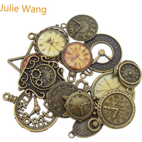 Julie Wang 10pcs Antique Bronze Alloy Random Mixing Clock Charms For Necklace Pendant Finding Jewelry Making Metal Accessory