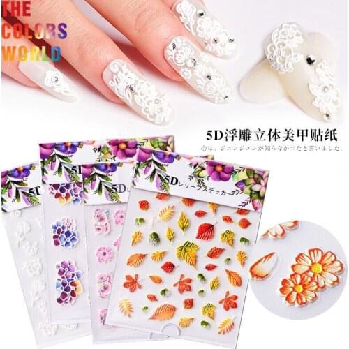 TCST-010 5D Acrylic Engraved Flower Nail Sticker Embossed Bump Leaves Nail Water Decals DIY Slider Design Nail Art Decoration