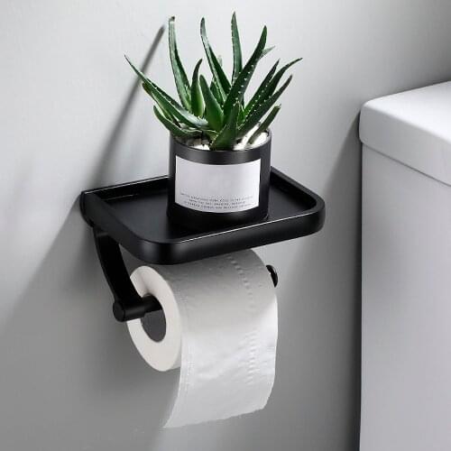 Wall Mounted Paper Holder Roll Holder Toilet Paper Holder Bathroom Accessories Tissue With Phone Storage Shelf Black