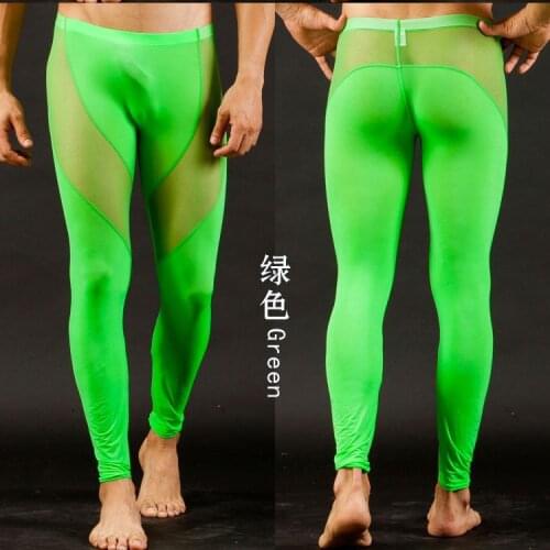 Sexy Mens Long johns Smooth mesh see-thru underwear Pants for Spring Green size Small