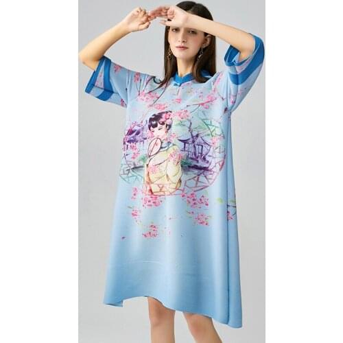 Issey miyake pleated Chinese style retro dress 2021 autumn five-point sleeve print Plue size folded thin casual skirt for woman