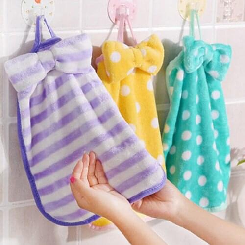 Bowknot hanging towel kitchen bibulous do not drop hair wipe towel coral velvet wipe towel