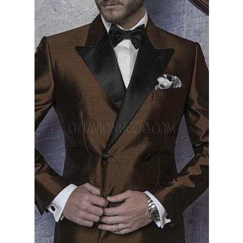 Latest Coat Pant Designs Brown Double Breasted Satin Men Suit Slim Fit 2 Piece Tuxedo Custom Prom Party Suits Blazer Masculino