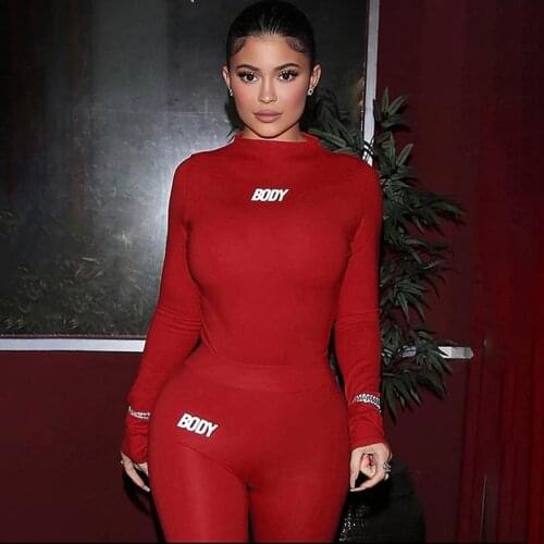 Casual Red Sporty Bodycon Matching Sets Women Letter Print Long Sleeve 2 Piece Outfit Workout Bodysuit And Leggings Set