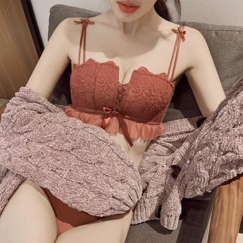 Japanese lace sexy lingerie womens thin girl no steel ring gathered small chest sexy adjustable side breast bra suit bras SET