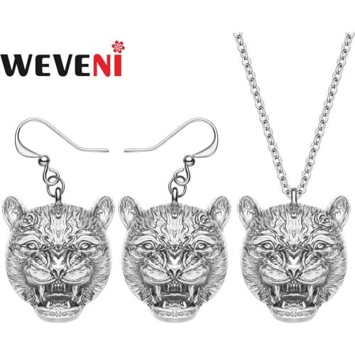 WEVENI Alloy Plated Antique Gold Panther Cheetah Leopard Head Jewelry Sets Long Animal Earrings Necklace For Women Girls Gift