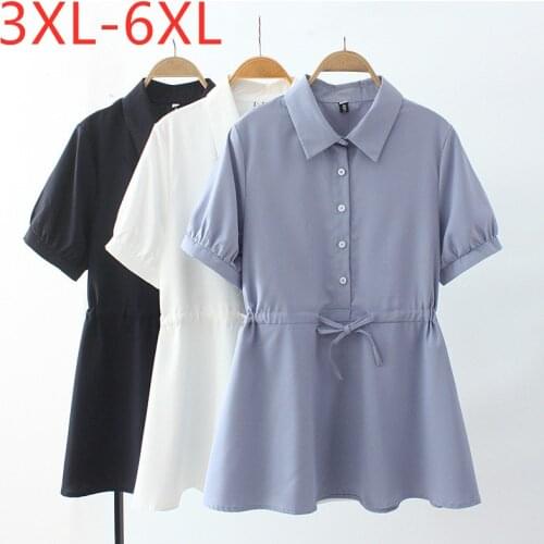 New 2021 Ladies Summer Plus Size Tops For Women Large Blouse Short Sleeve Loose Casual White Blue Belt Shirt 3XL 4XL 5XL 6XL