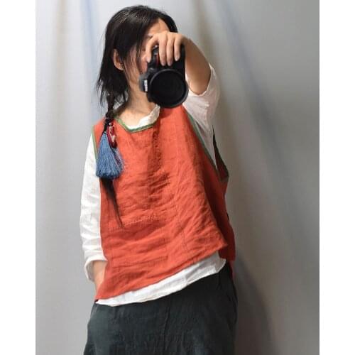 Women T shirt Cotton Linen Contrast Color O neck Sleeveless Original O neck Loose 2020 Summer Fashion Women Thin Tops