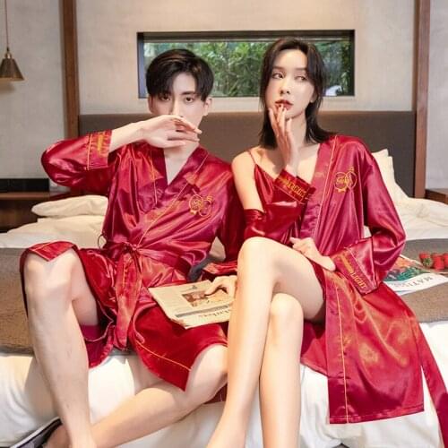 Women Nightdress High Quality Ice silk Unisex Home Wear Sets Fashion Luxury Men Pajamas lace Bathrobe Sexy Suspender Nightdress
