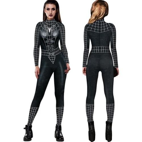 Women Black Spider Cosplay Costumes Female Long-sleeved Bodysuit Sports Pants Summer Jumpsuit Halloween Party Adults Female Suit