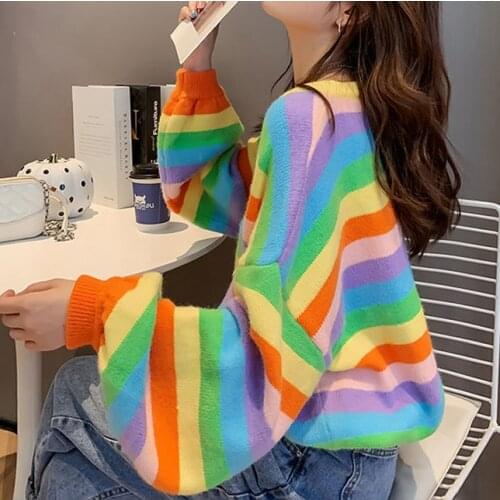 2021 new autumn and winter Korean version of chic lazy wind round neck color stripes sweet age-reducing pullover women wear