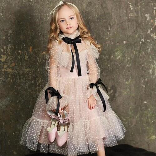 2021 New Polka-dot Tulle Flower Girl Dresses Illusion Long Sleeves Girl Wedding Party Dress Ribbons Communion Dress Birthday