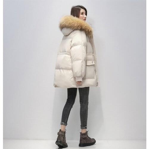 2021 Winter Women Medium Length Down Cotton-Padded Jacket Large Fur Collar Loose Thickened Bread Cotton-Padded Clothes Female