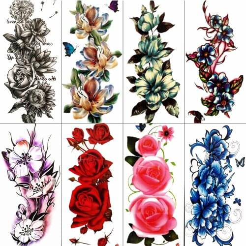 Large Long Waterproof Fake 3D Rose Temporary Tattoos Dasiy Lily Flower Kids Tattoo Sticker Girls Fake Jewels Tatoo Body Arm