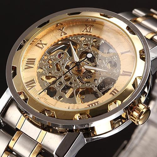 Men Watch Luxury Skeleton Roman Numerals Hollow Dial Stainless Steel Band Mechanical Mens Watch Gift Male Bussiness Wristwatch