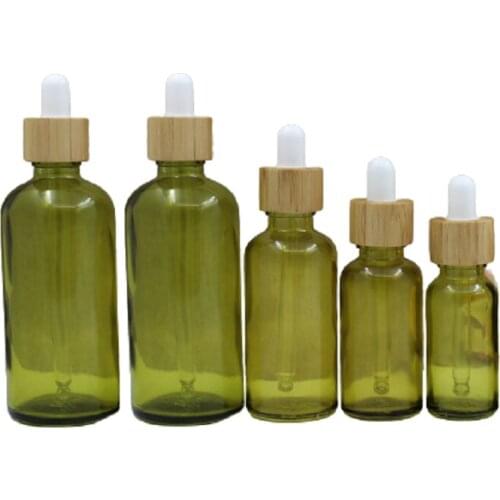 Bamboo Wood Ring White Top Olive Green Glass Dropper Essential Oil Bottle Cosmetic Packaging 5ml 10ml 20ml 30ml 50ml 100ml