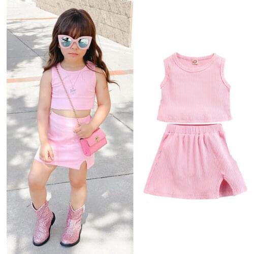 FOCUSNORM 0-5Y Summer Lovely Kids Girls Clothes Sets 2pcs Solid Strap Sleeveless Pullover Vest Tops Mini Skirts