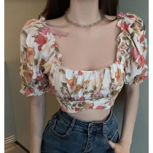 Floral Printed T-Shirt Square Neck Low Cut Slim Exposed Navel Shirt Summer Ladies Vacation Fashion Tender Sweet Puff Sleeve Top