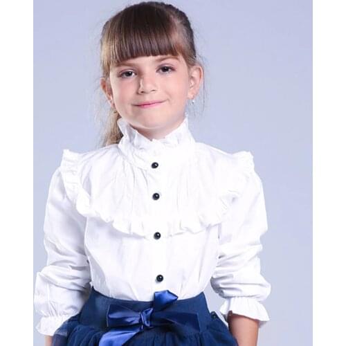 Girl Ruffled Shirt Kids White Clothes Teenager Slim Waist Blouse Fashion Infant Tops School Uniforms Shirts Long-Sleeve Clothing