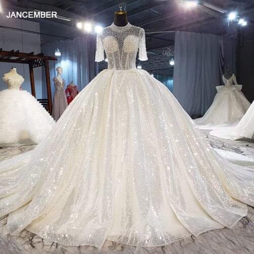 HTL2009 Luxurious V-Neck Crystal Beading Sequined Wedding Dress 2021 For Woman Ball Gowns Short Sleeve