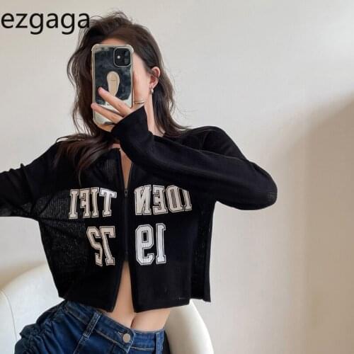 Ezgaga Autumn Letter Printed Women Cardigan Loose Stretch Long Sleeve Zippper Knitted Sweater Outwear Streetwear Casual Jumper